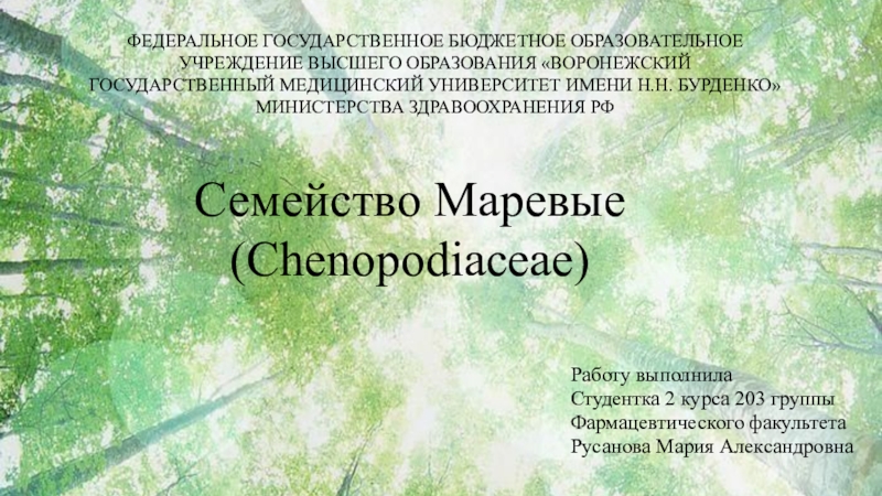 Презентация Федеральное государственное бюджетное образовательное учреждение высшего