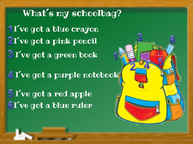 I ve got book. In my Schoolbag. What's in the Schoolbag. What i have in my Schoolbag. I've got a Crayon.