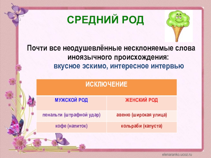 Род имени существительного эскимо. Существительные среднего рода. Неодушевленные существительные среднего рода. Род несклоняемых имен существительных. Несклоняемые слова среднего рода.