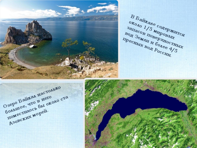 В Байкале содержится более 4/5 пресных вод России учи ру. Байкал мировой запас пресной воды