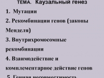 ТЕМА. Каузальный генез
1. Мутации
2. Рекомбинации генов (законы Менделя)
3