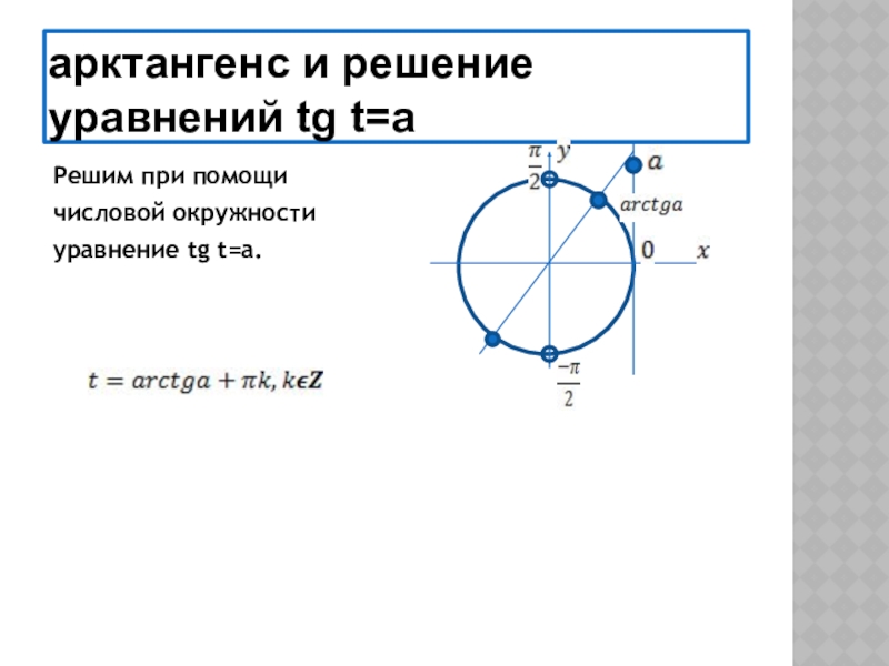 Tg t 8. Решение уравнений TG T A. Арктангенс на окружности. Арктангенс на числовой окружности. Числовая окружность решение уравнений.