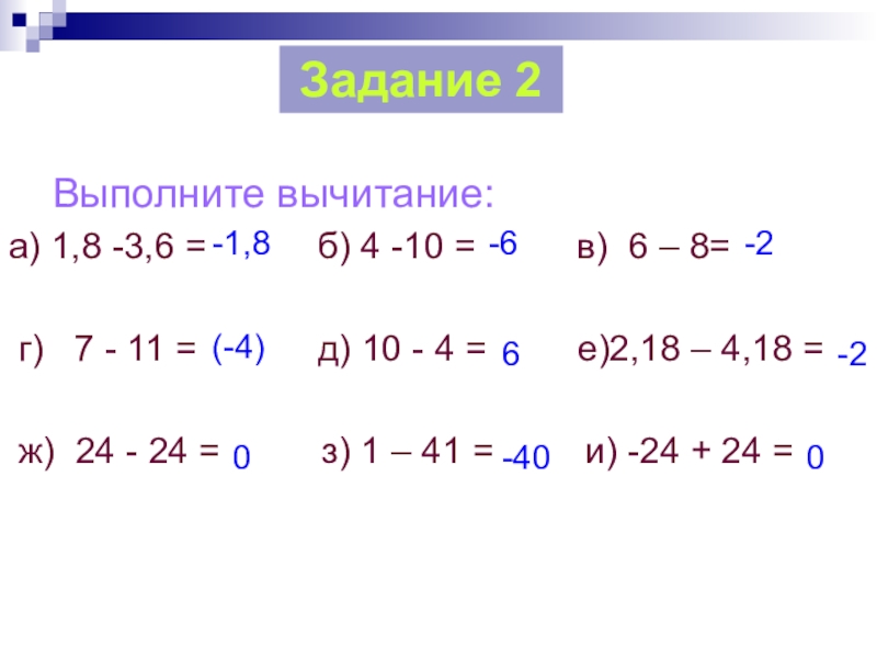 Выполните вычитание:а) 1,8 -3,6 =      б) 4 -10 =