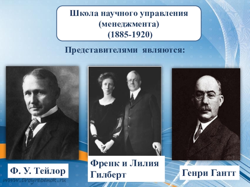 Ф является. Школа научного управления Тейлор, Гилберт, Гант (1885 – 1920).. Генри Гантт школа научного управления. Школа научного управления Френк и Лилия Гилберт;. Школа научного управления (1885-1920 гг.);.