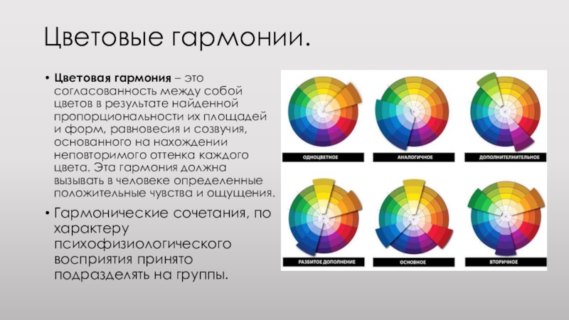 Цветовые гармонии. Типы цветовых гармоний. Гармония цвета и формы. Гармония основных цветов.