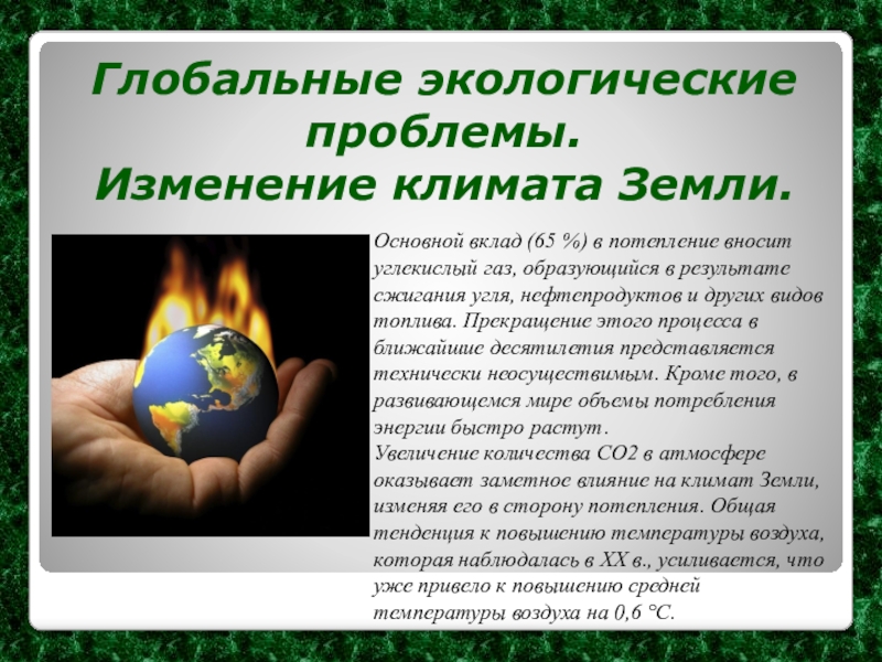 Глобальные экологические проблемы.Изменение климата Земли.Основной вклад (65 %) в потепление вносит углекислый газ, образующийся в результате сжигания