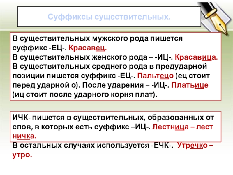 Суффиксы существительных. В существительных мужского рода пишется суффикс -ЕЦ-. Красавец. В существительных женского рода – -ИЦ-.