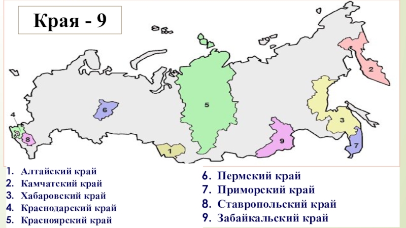 Есть 9 краев какие. Карта краев России. Края РФ на карте. Края России на карте. Края РФ на карте России.