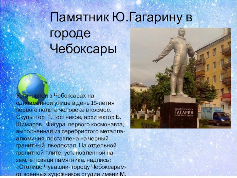 В каком городе установили памятник. Памятники в Чебоксарах описание ю а Гагарина. Памятник ю. Гагарину в г.Гагарин. Презентация памятник Юрию Гагарину в Москве. Памятник космонавту Юрию Гагарину Чебоксары.