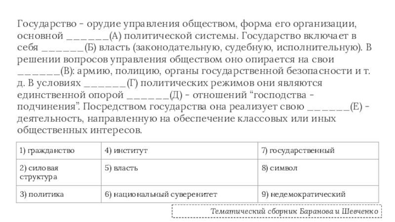 Государство - орудие управления обществом, форма его организации, основной ______(А) политической системы. Государство включает в себя ______(Б)