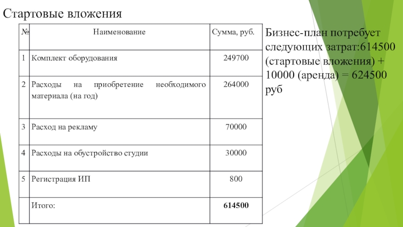 По бизнес плану четырехлетний проект предполагает начальное вложение 12 млн рублей