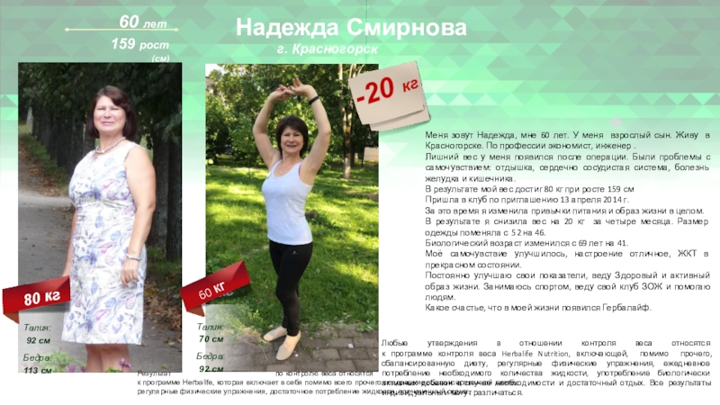 Презентация 60 лет
159 рост
( см)
Надежда Смирнова
г. Красногорск
кг
Талия:
92