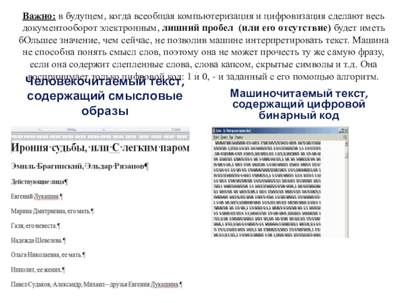 Важно: в будущем, когда всеобщая компьютеризация и цифровизация сделают весь документооборот электронным, лишний пробел (или его отсутствие)