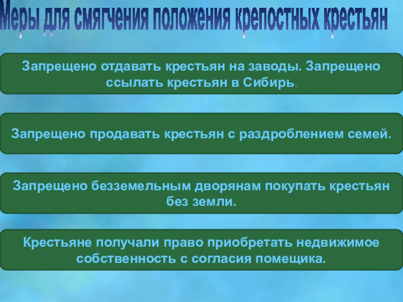 Запреты крестьян. Меры смягчения крепостного права. Запреты для крестьян. Запрещение продавать крестьян без земли. Запрет ссылать крепостных крестьян в Сибирь.