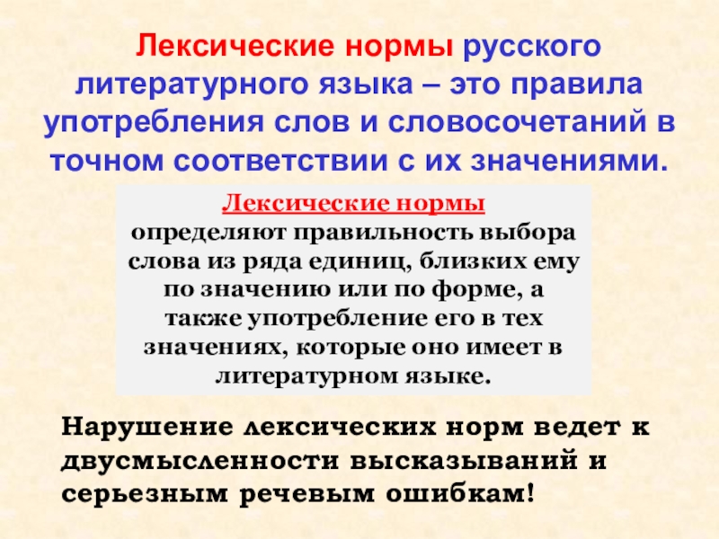 Лексические нормы русского литературного языка – это правила употребления слов и словосочетаний в точном соответствии с их