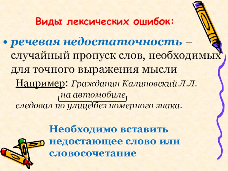 Виды лексических ошибок:речевая недостаточность – случайный пропуск слов, необходимых для точного выражения мыслиНапример: Гражданин Калиновский Л.Л.