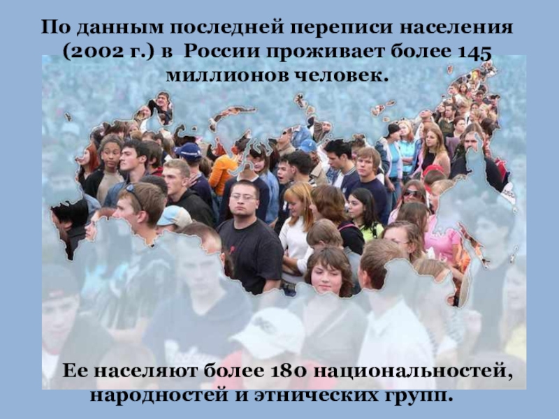 Население 2002. В России проживает свыше наций народностей и этнических групп. В России проживает 146 миллионов человек. Россия проживает более 1000000 человек.