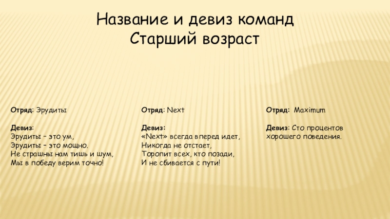 Назовите старший. Название команды и девиз. Названия отрядов и девизы. Название отряда и девиз. Девиз для команды.