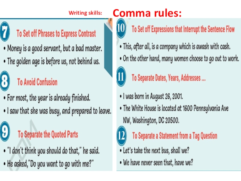 Writing skills презентация. Comma Rules. Правило writing skills. Commas in English Rules.