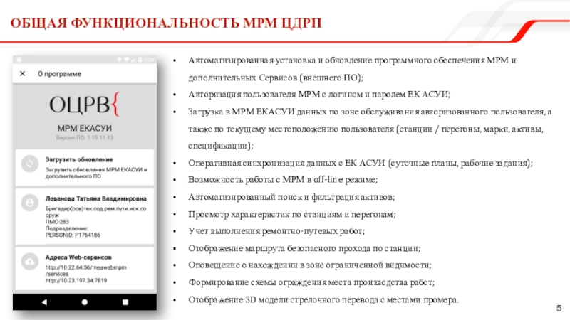 Общая Функциональность МРМ ЦДРПАвтоматизированная установка и обновление программного обеспечения МРМ и дополнительных Сервисов (внешнего ПО);Авторизация пользователя МРМ