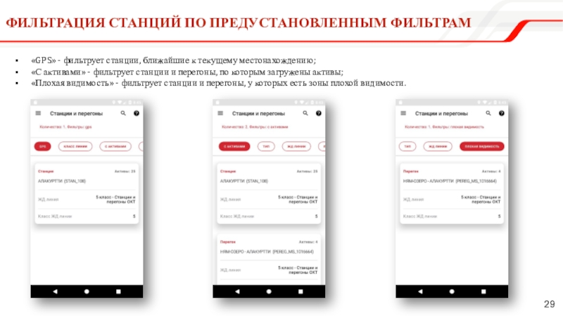 Фильтрация Станций ПО предустановленным фильтрам«GPS» - фильтрует станции, ближайшие к текущему местонахождению;«С активами» - фильтрует станции и