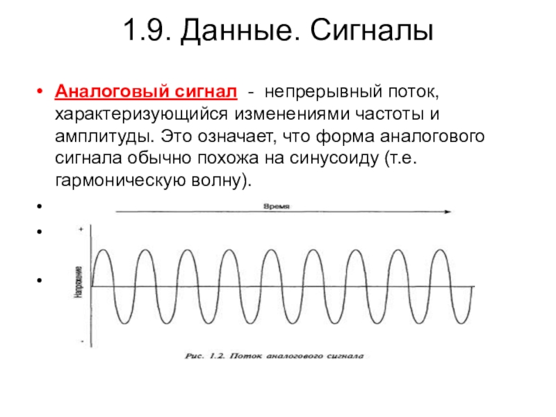 Характеризуется амплитудой и частотой. Непрерывный сигнал. Аналоговый сигнал по времени и по амплитуде значения.