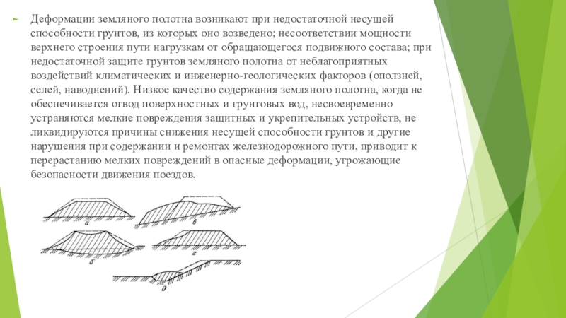 Нарушение несущей способности. Деформации земляного полотна. Дефекты и деформации земляного полотна. Причины деформаций земляного полотна. Деформации земляного полотна железных дорог.