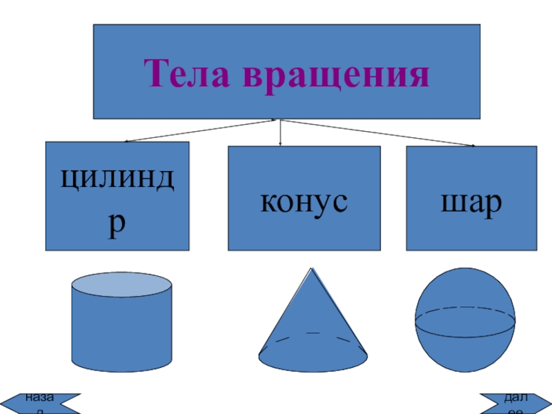 Презентация Тела вращения
цилиндр
конус
шар
далее
назад