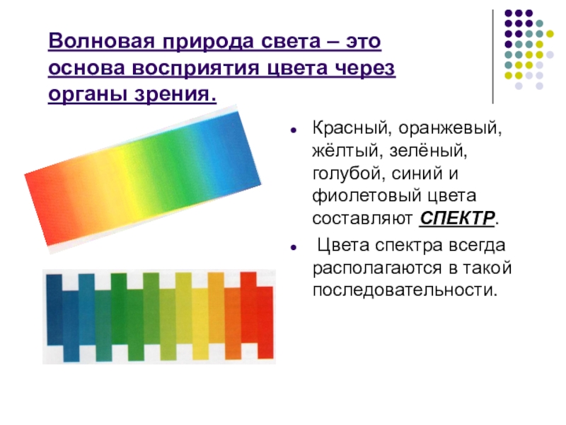 Порядки цветные. Цвета спектра. Восприятие цвета. Волновая природа света. Цветовой спектр.