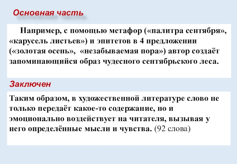 Основная часть Например, с помощью метафор («палитра сентября», «карусель листьев») и эпитетов в 4 предложении («золотая осень», «незабываемая