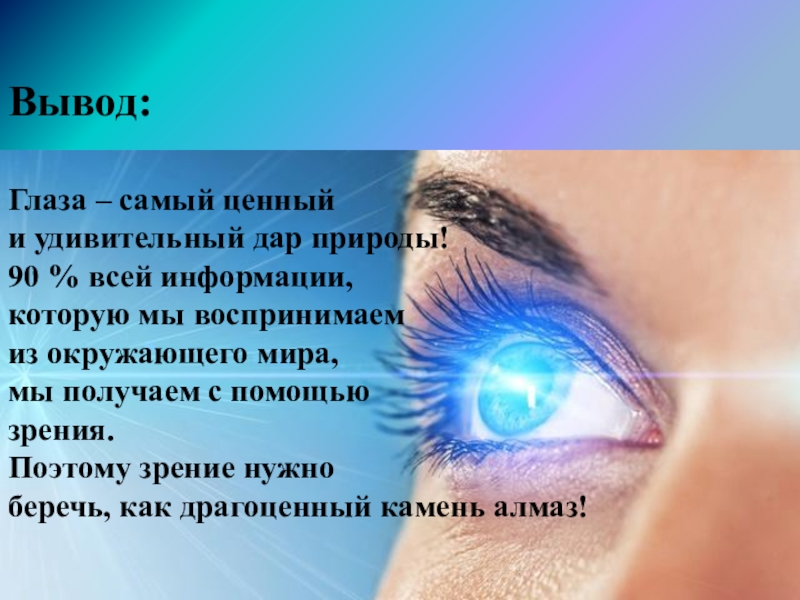 Выводить глаза. Глаза самый ценный и удивительный дар природы. Глаза ценный дар природы. Вывод про глаза. Глаз как Алмаз.