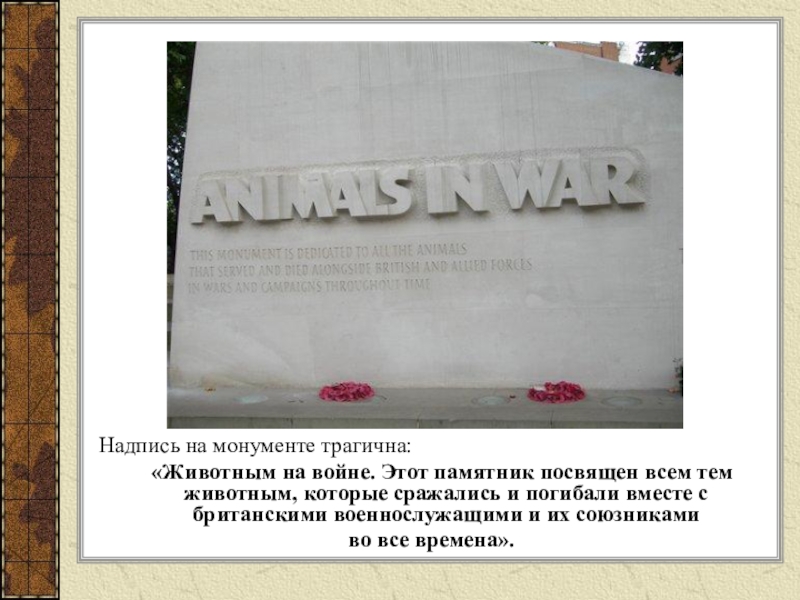 Надпись на монументе трагична:   «Животным на войне. Этот памятник посвящен всем тем животным, которые сражались
