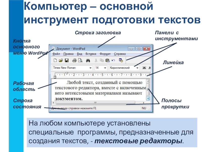 На любом компьютере установлены специальные программы, предназначенные для создания текстов, - текстовые редакторы.Компьютер – основной инструмент подготовки