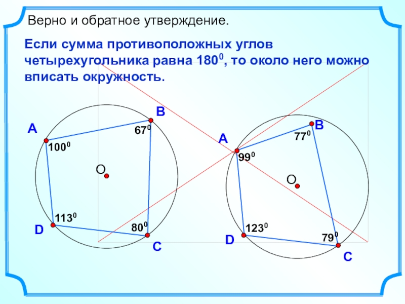 Вписанный в окружность угол равен 80. Сумма противоположных углов вписанного четырехугольника равна 180. Сумма противоположных углов в четырехугольнике. Сумма противоположных углов в четырехугольнике равна. Если у четырёхугольника суммы противоположных углов равны.