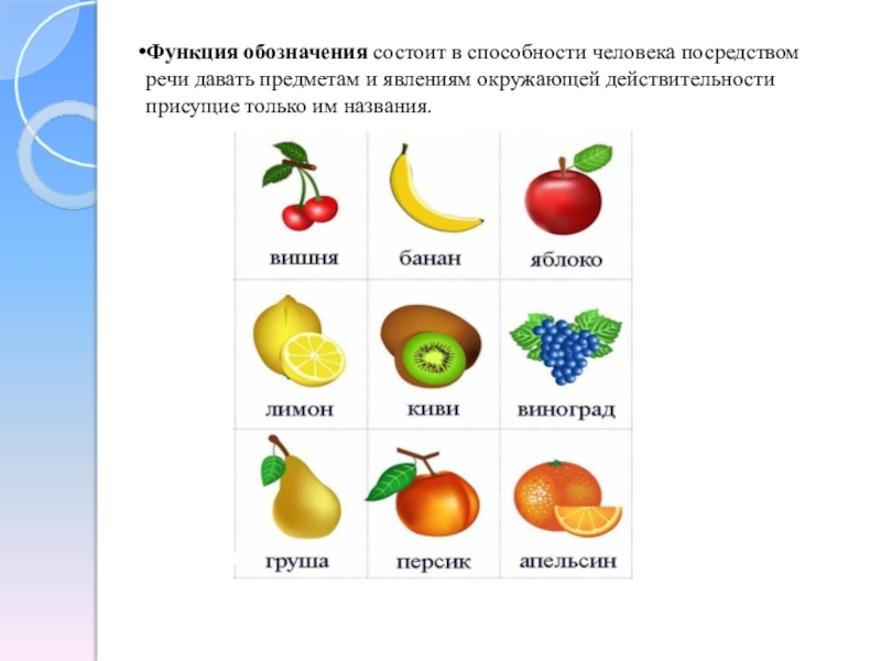 Дай предмет. Обозначение функции. Функция обозначения речи. Название функции обозначение. Способность человека посредством речи давать предметам и явлениям.