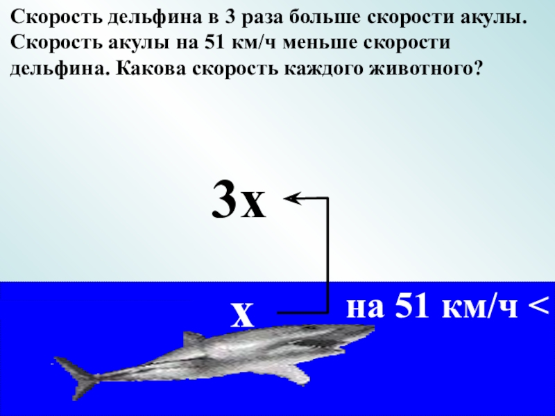 Скорость дельфина в 3 раза больше скорости акулы. Скорость акулы на 51 км/ч меньше скорости дельфина. Какова