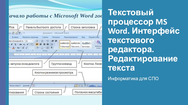 Текстовый процессор MS Word. Интерфейс текстового редактора. Редактирование текстаИнформатика для СПО