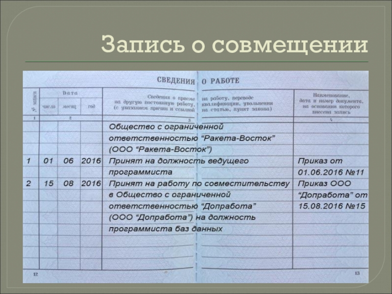 Трудовая книжка совместительство внешнее. Запись в трудовой о совместительстве. Запись в трудовой о совмещении. Внутреннее совместительство запись в трудовой книжке. Запись в трудовой о внутреннем совмещении.