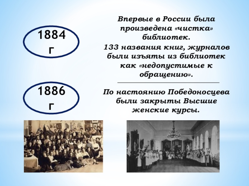 1884 гВпервые в России была произведена «чистка» библиотек. 133 названия книг, журналов были изъяты из библиотек как