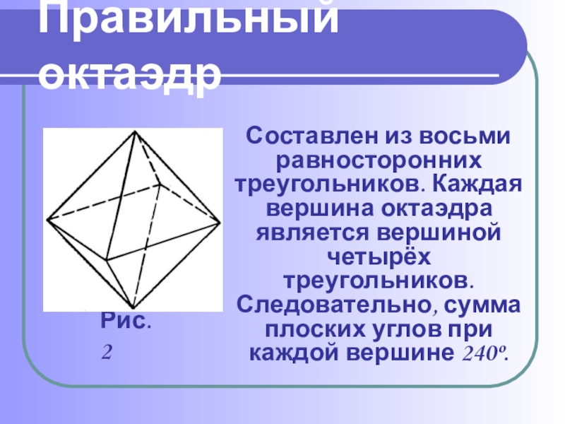Составлен из восьми равносторонних треугольников. Каждая вершина октаэдра является вершиной четырёх треугольников. Следовательно, сумма плоских углов при