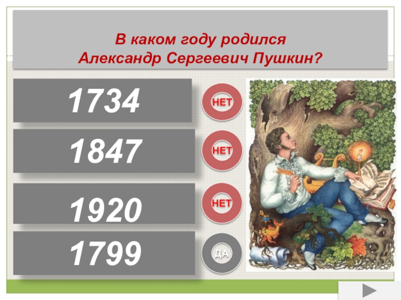 В каком году родился Александр Сергеевич Пушкин? 1734184719201799НЕТНЕТНЕТДА