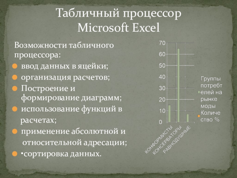 Табличный процессор            Microsoft ExcelВозможности табличного процессора:ввод