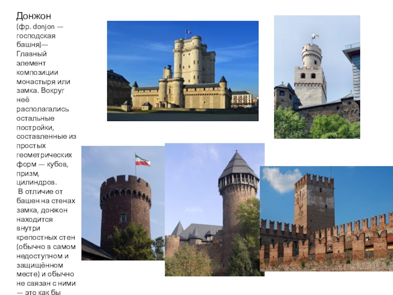 Донжон (фр. donjon — господская башня)—  Главный элемент композиции монастыря или замка. Вокруг неё располагались остальные постройки,